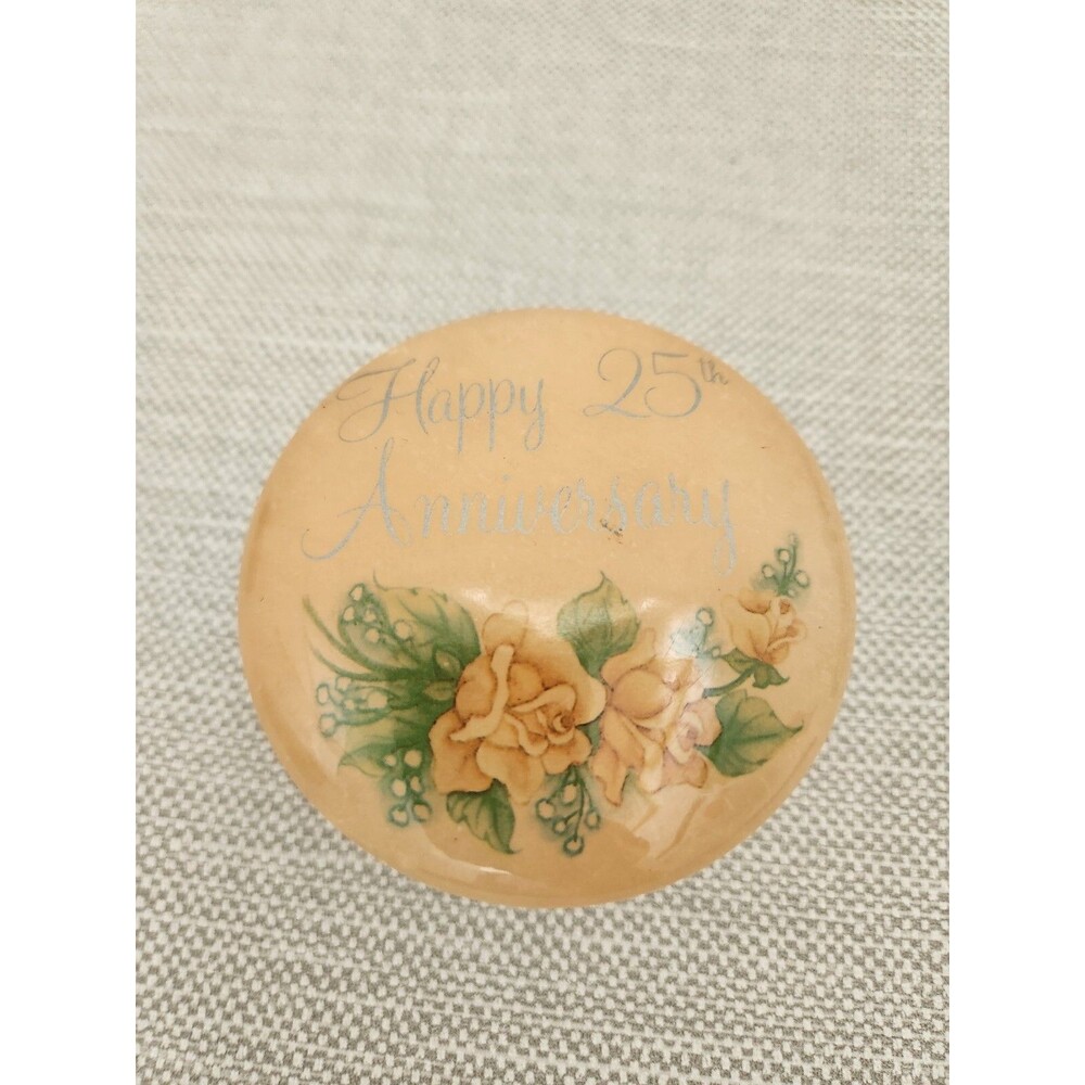 Vintage Trinket Box Genuine Alabaster Hand Carved Italy Happy 25th Anniversary